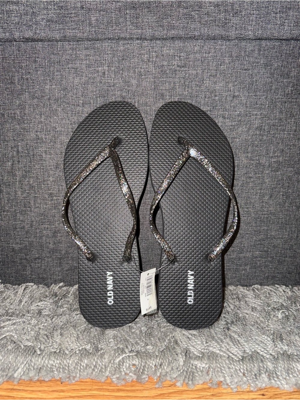 Old Navy Black & Beige Glitter-Strap Flip Flops